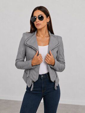 Gray Vegan Leather Moto Jacket Asymmetrical Zip Convertible Crop NWT